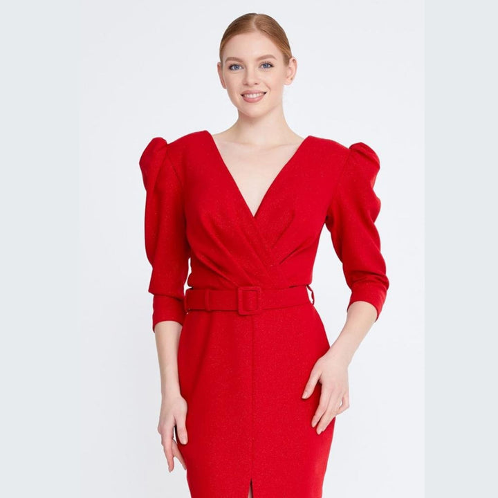 Robe droite rouge en col V Victoria - Mademoiselle Trendy