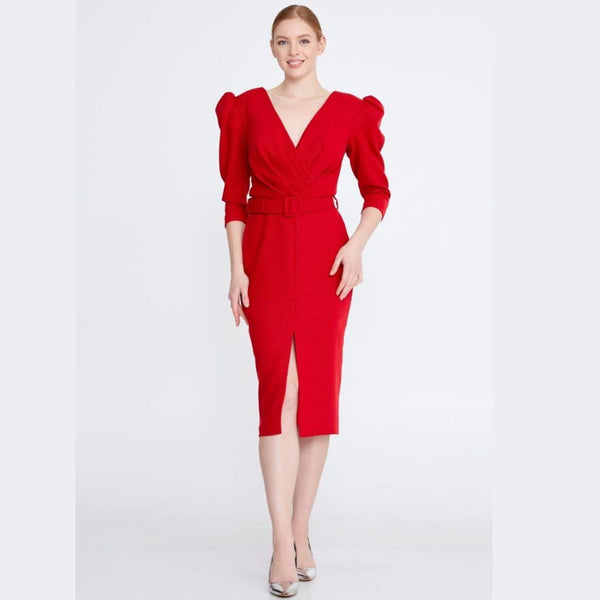 Robe droite rouge en col V Victoria - Mademoiselle Trendy